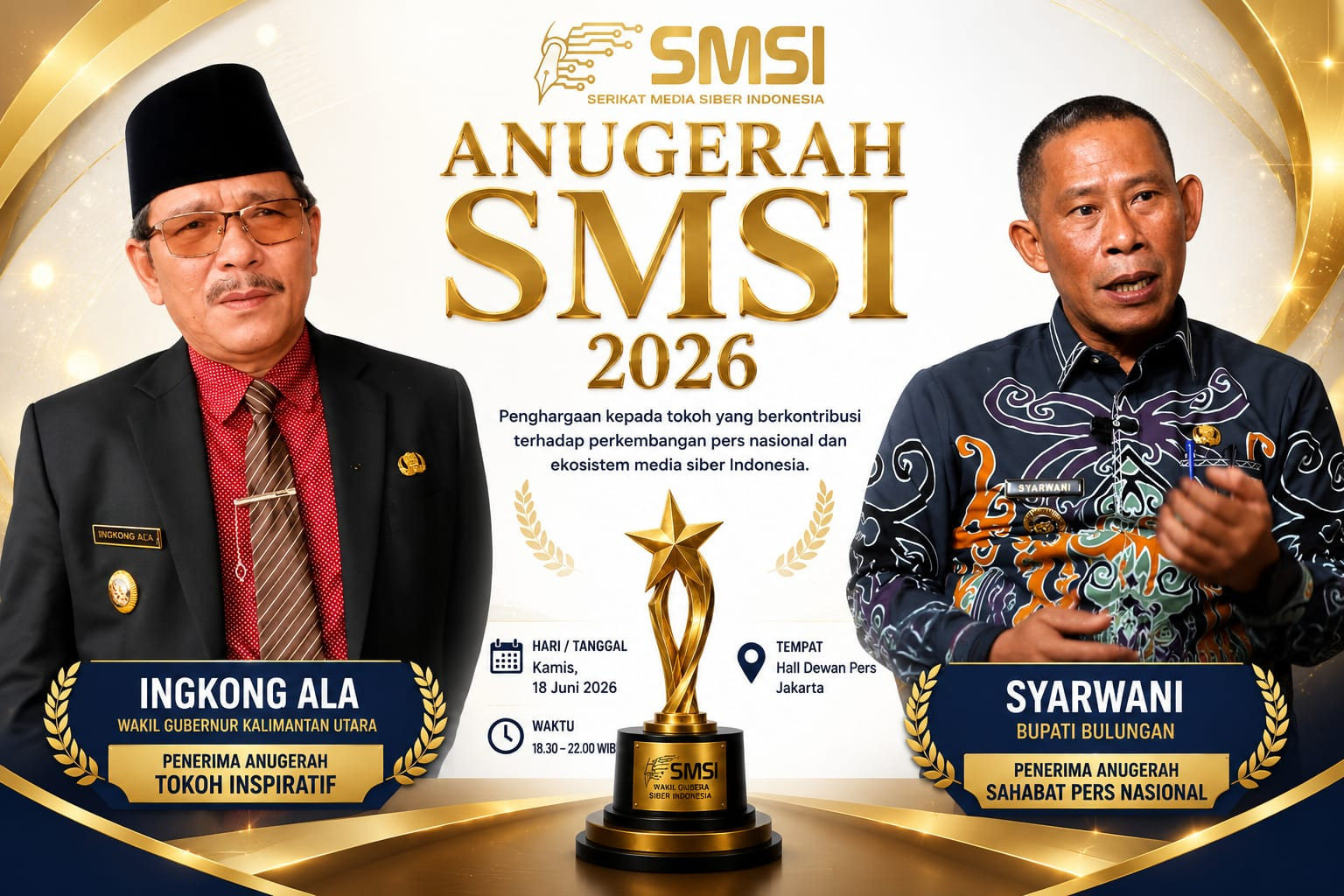 Dua Kepala Daerah Kaltara Bakal Raih Penghargaan Bergengsi pada Anugerah SMSI 2026